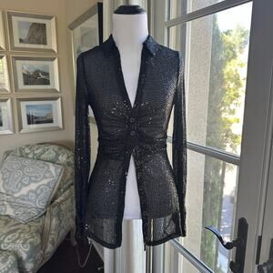 Y2K Free People All Over Sequin Button Down Black Shirt Size XS